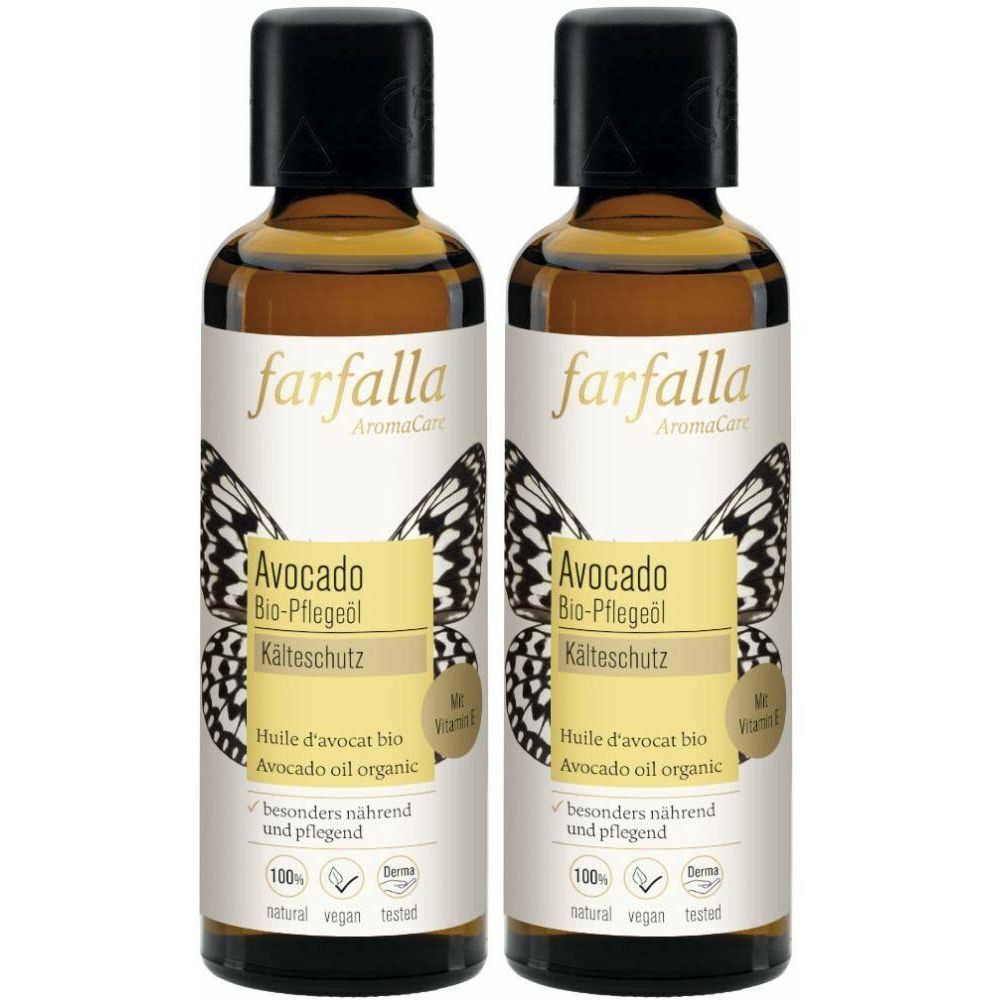 Deux flacons d'huile de soin bio à l'avocat. Inscription : farfalla, Avocado Bio-Pflegeöl, Kälteschutz. Avec vitamine E. 100% naturel, vegan, testé.