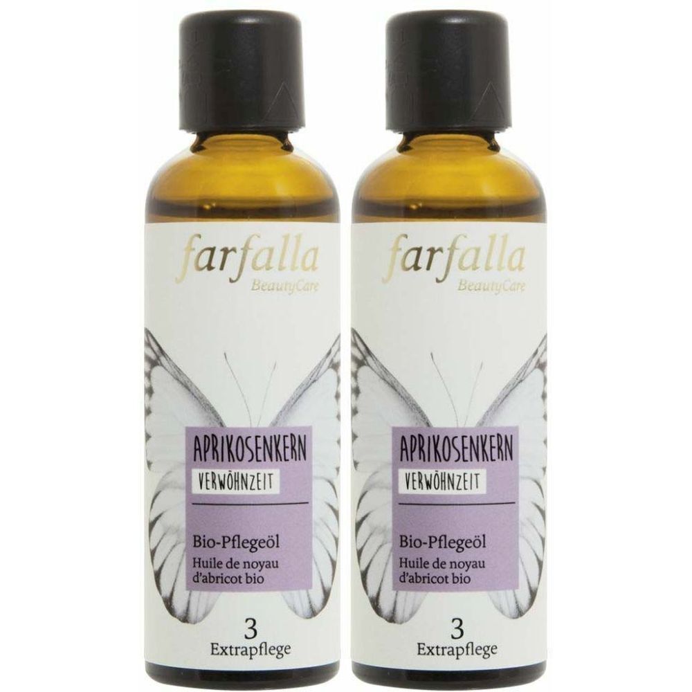 Deux flacons avec bouchons noirs. L'étiquette porte "farfalla" et "APRIKOSENKERN". En dessous, "Bio-Pflegeöl" et "Huile de noyau d'abricot bio".
