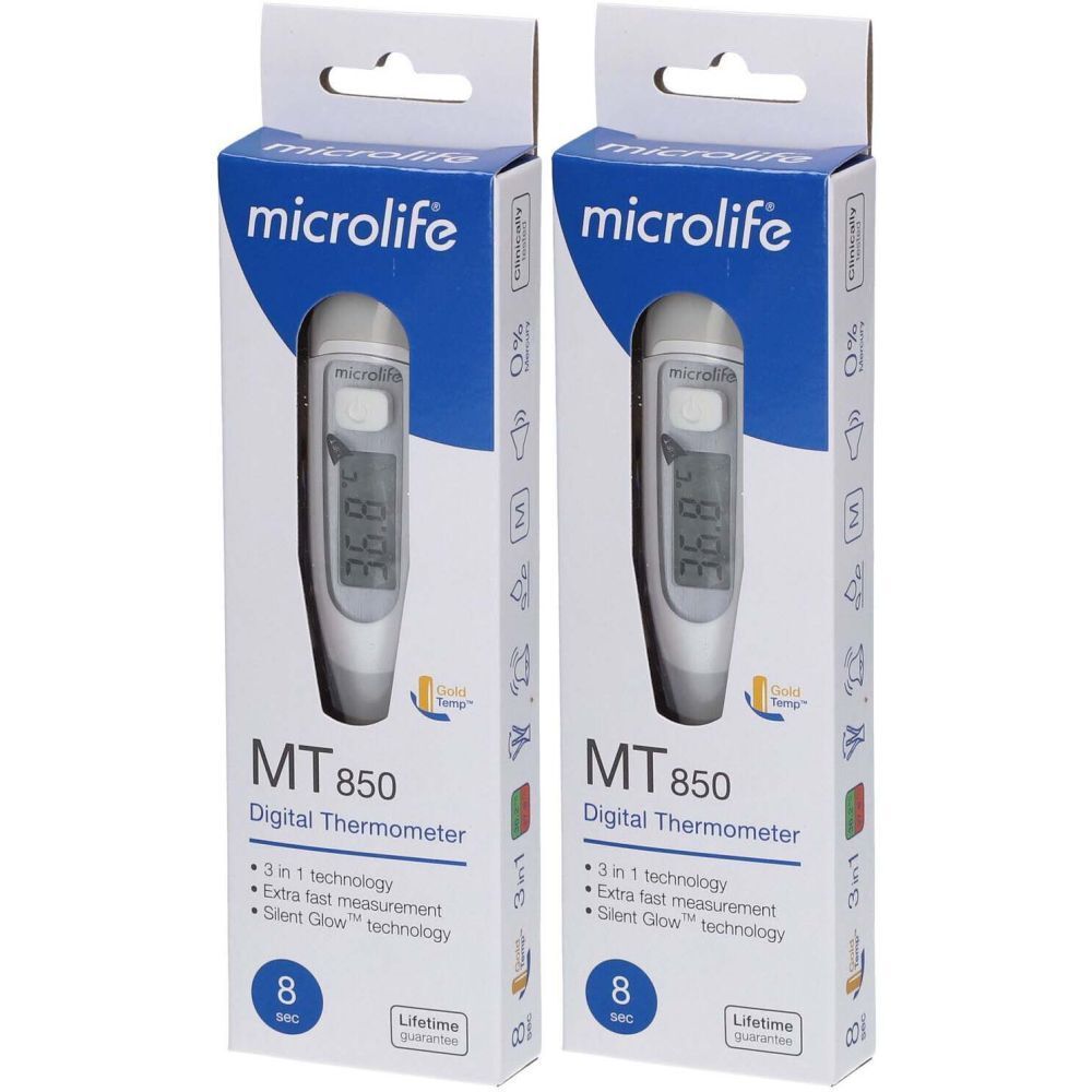 Deux thermomètres dans leur emballage. Marque: Microlife. Modèle MT 850. Thermomètre numérique avec écran. Technologie 3 en 1.