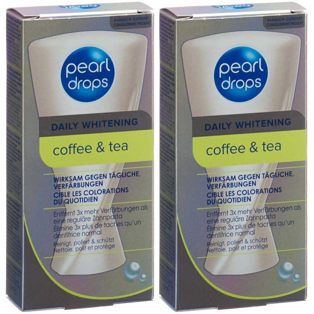 Deux boîtes de PEARL DROPS Coffee & Tea. Inscription: Daily Whitening. Efficace contre les taches quotidiennes. Élimine 3x plus de taches.
