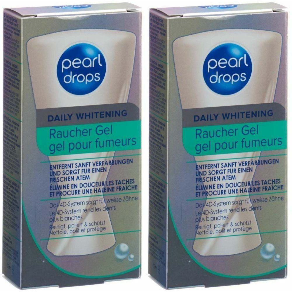 Deux boîtes de "pearl drops" et "Raucher Gel". Texte en allemand et français. Blanchiment quotidien des dents.