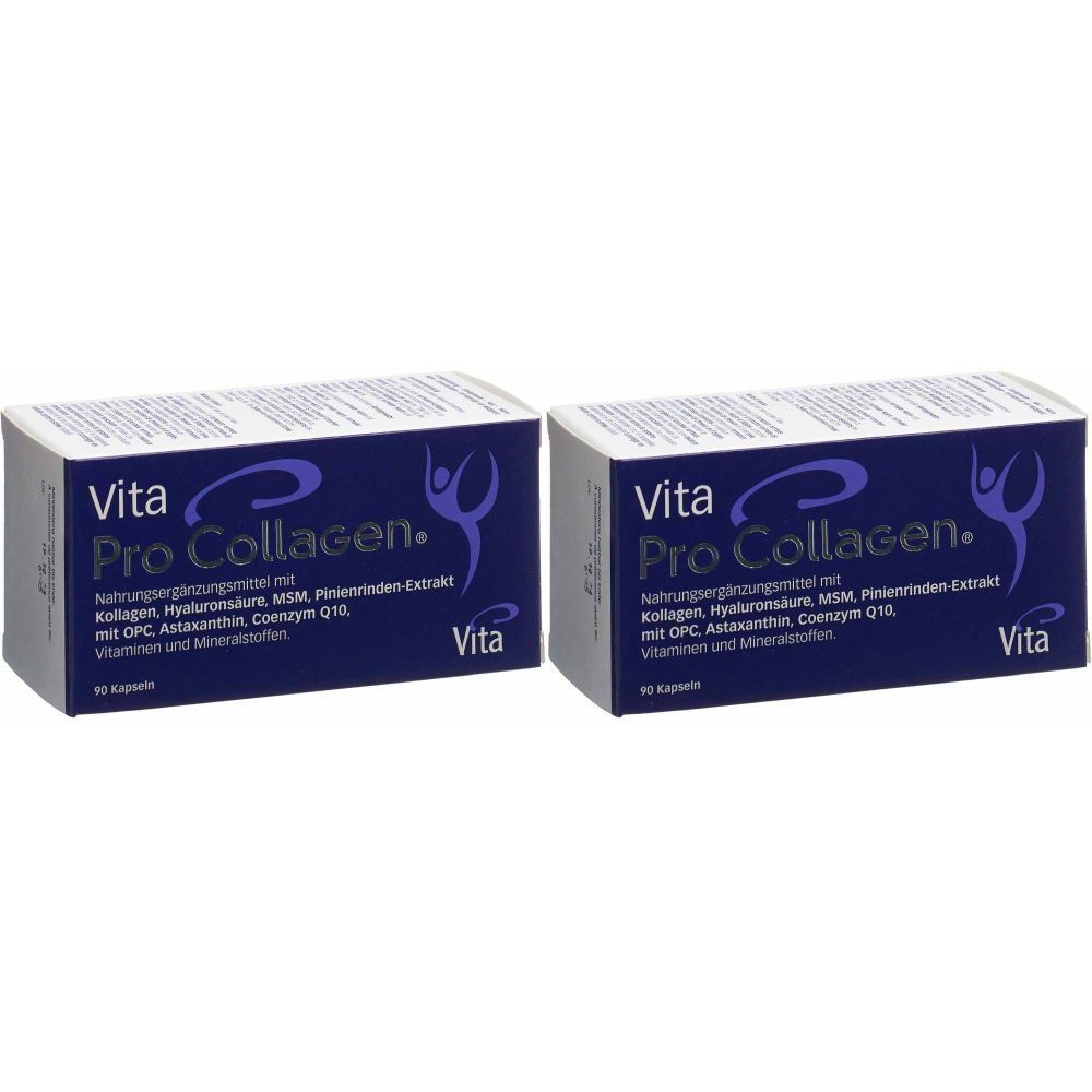 Deux boîtes rectangulaires avec "Vita Pro Collagen". Emballage bleu et blanc avec informations sur le produit.