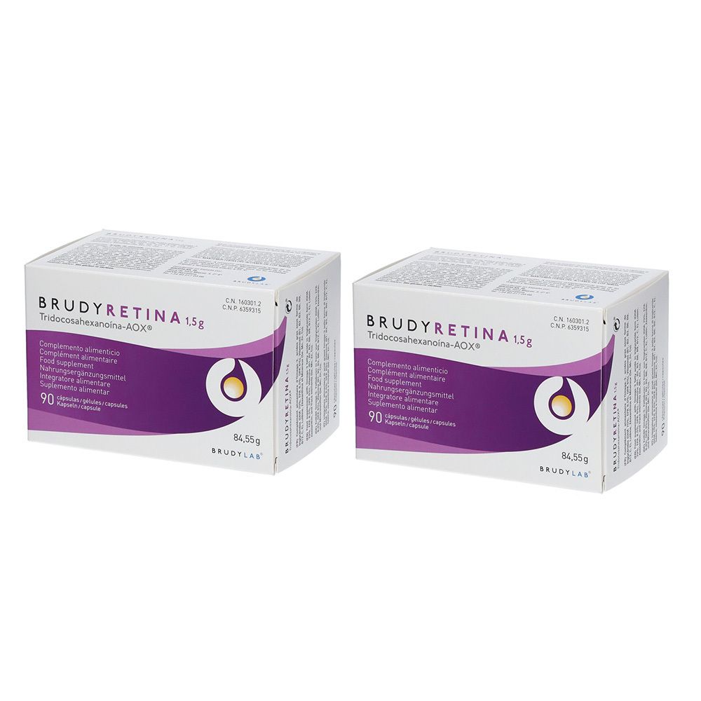 Deux boîtes blanches avec accents violets. Inscription: BRUDYRETINA 1,5g. Contient 90 gélules. Marque BRUDYLAB.