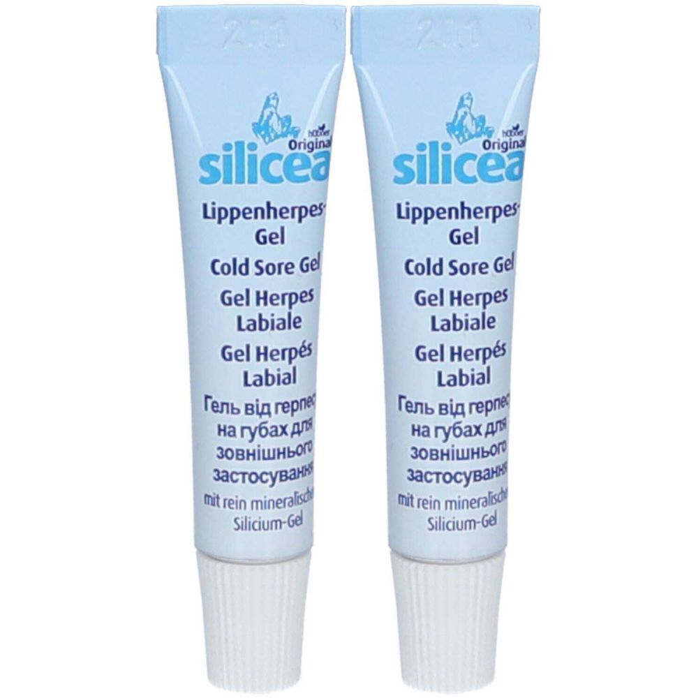 Deux tubes de gel Sicicea pour l'herpès labial. Tubes bleu clair avec bouchon blanc. Étiquetage multilingue.