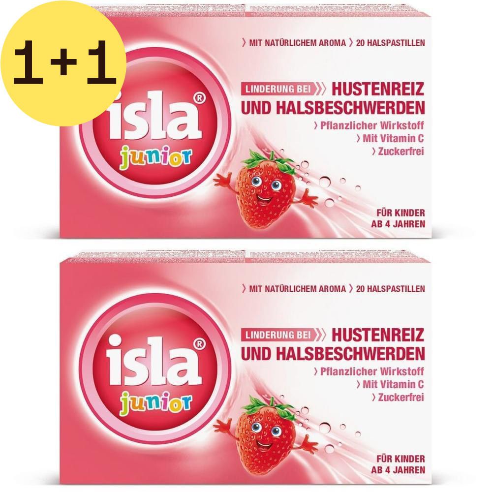 Deux boîtes de pastilles Isla Junior. Emballage rose avec logo et fraise. Texte: Irritation de la toux et maux de gorge.