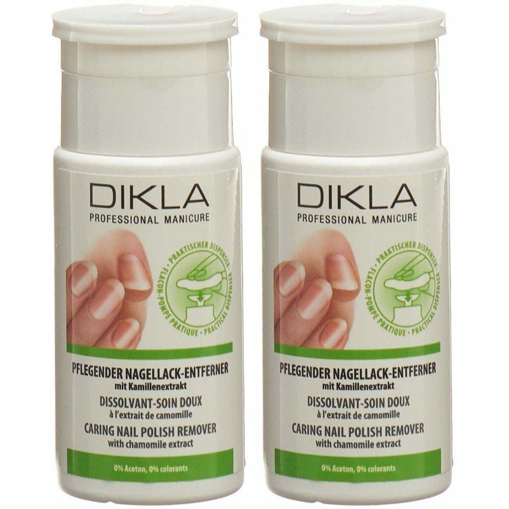 Deux flacons de dissolvant pour vernis à ongles. Bouchon blanc, étiquettes vertes et blanches. Texte: DIKLA, Dissolvant-soin doux.