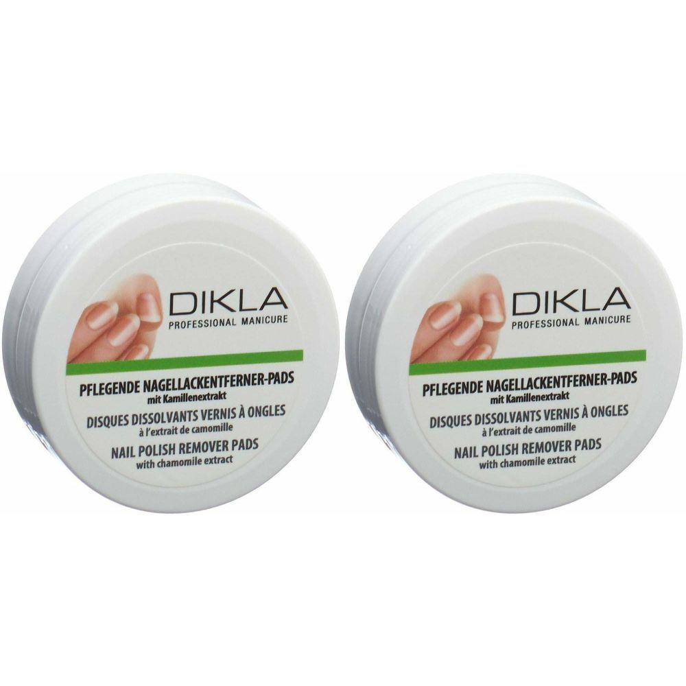 Deux boîtes rondes blanches avec couvercles. Sur le couvercle, on lit "DIKLA PROFESSIONAL MANICURE" et "PFLEGENDE NAGELLACKENTFERNER-PADS".