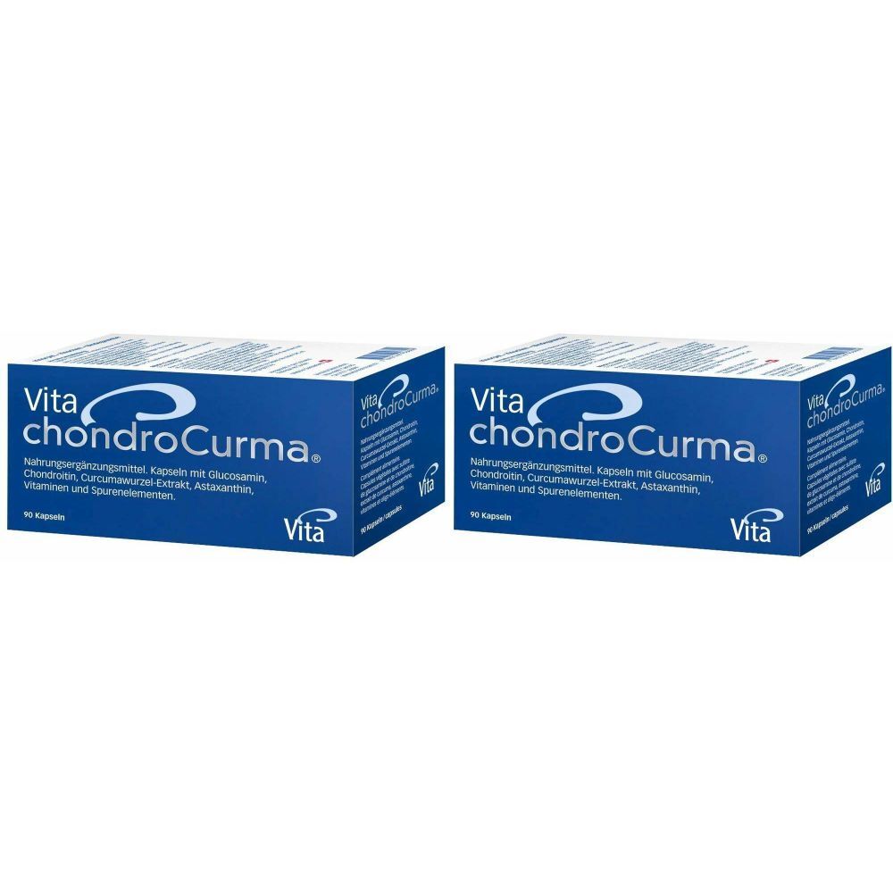 Deux boîtes bleues avec "Vita chondroCurma". Texte: Complément alimentaire, gélules avec glucosamine, chondroïtine, extrait de curcuma, astaxanthine.