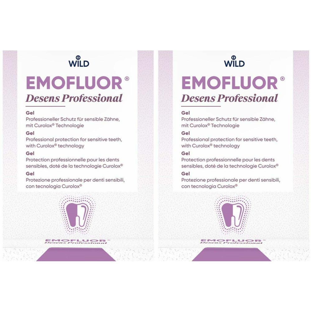 Deux emballages de gel EMOFLUOR® Desens Professional. Emballage blanc-violet avec nom du produit et description en allemand, anglais, français et italien.