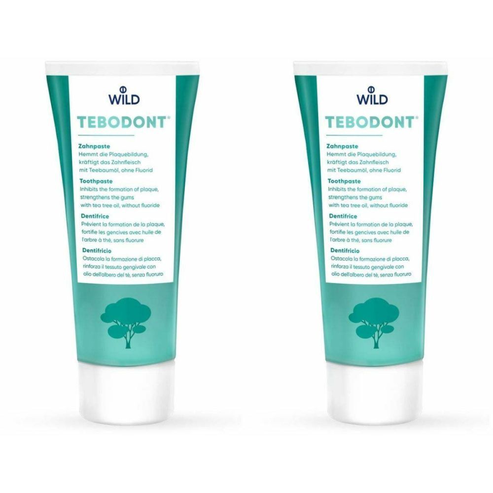 Deux tubes de dentifrice. Turquoise avec bouchon blanc. Inscription: WILD TEBODONT. Texte en allemand, anglais et français.
