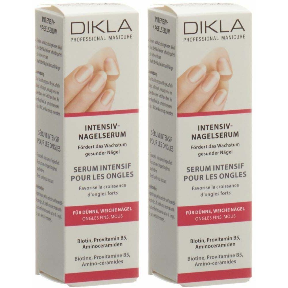 Deux boîtes de DIKLA Sérum Intensif pour les Ongles. Blanches avec texte rouge. Inscription : Sérum Intensif, favorise la croissance des ongles.