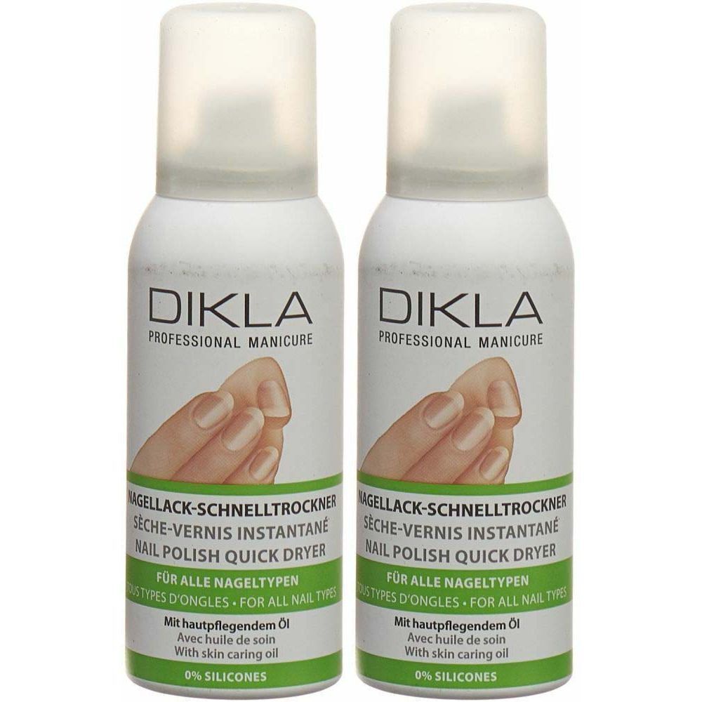 Deux flacons de spray. Inscription: DIKLA PROFESSIONAL MANICURE. Sèche-vernis instantané. Pour tous types d'ongles. Avec huile de soin. 0% SILICONES.