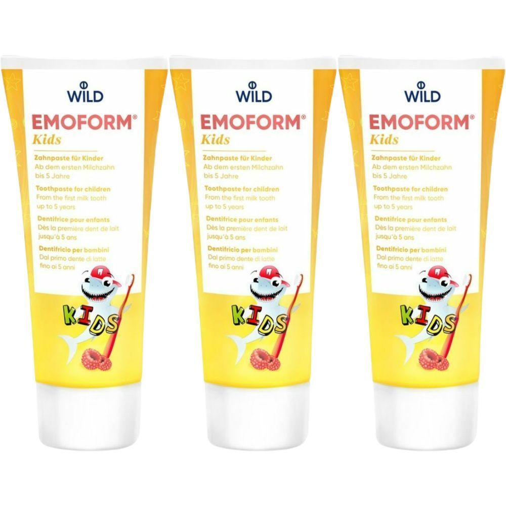 Trois tubes de dentifrice pour enfants. Tubes jaunes avec texte et un requin de dessin animé. Inscription: EMOFORM Kids.