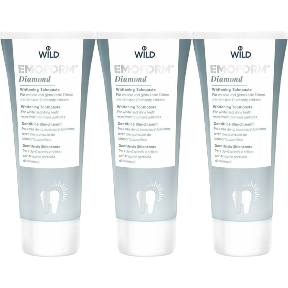 Trois tubes de dentifrice EMOFORM Diamond. Inscription: Whitening Zahnpaste. Tube blanc avec impression gris clair et symbole dentaire.