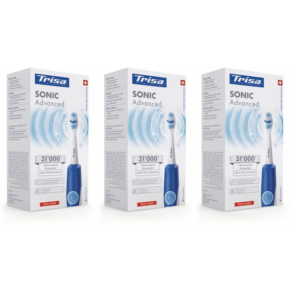 Trois boîtes de la brosse à dents ultrasonique TRISA Sonic Advanced. Les boîtes présentent la brosse à dents et des informations sur le produit.