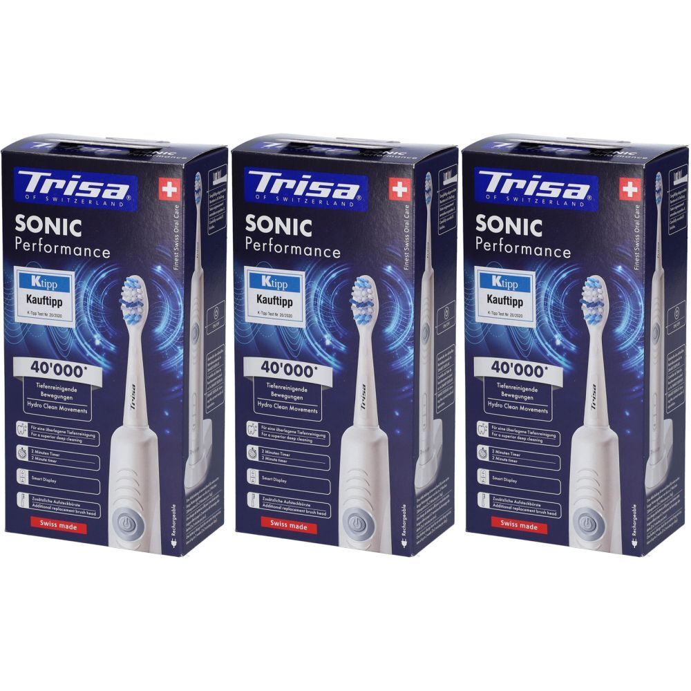 Trois boîtes de brosses à dents ultrasoniques TRISA Sonic Performance. Chaque boîte présente une brosse à dents et le texte 'Sonic Performance'.