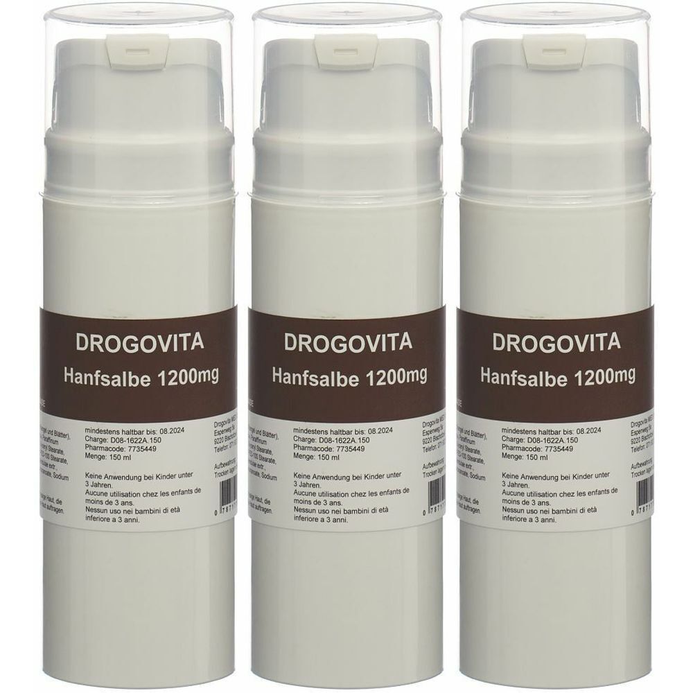 Trois flacons blancs avec couvercles transparents. L'étiquette brune indique "DROGOVITA Hanfsalbe 1200mg".