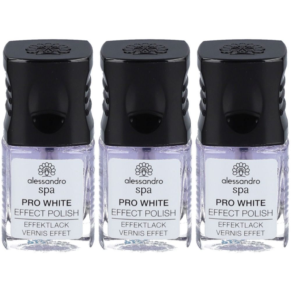 Trois flacons de vernis à ongles avec bouchons noirs. Étiquettes : "alessandro spa PRO WHITE EFFECT POLISH".