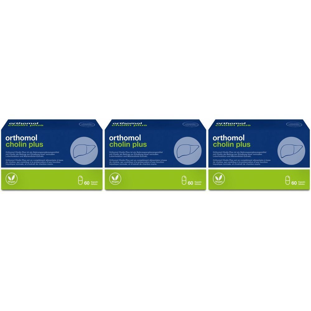 Trois boîtes ORTHOMOL Cholin Plus. Dessus bleu, dessous vert. Logo, symbole de foie, texte, emballage de 60 unités.