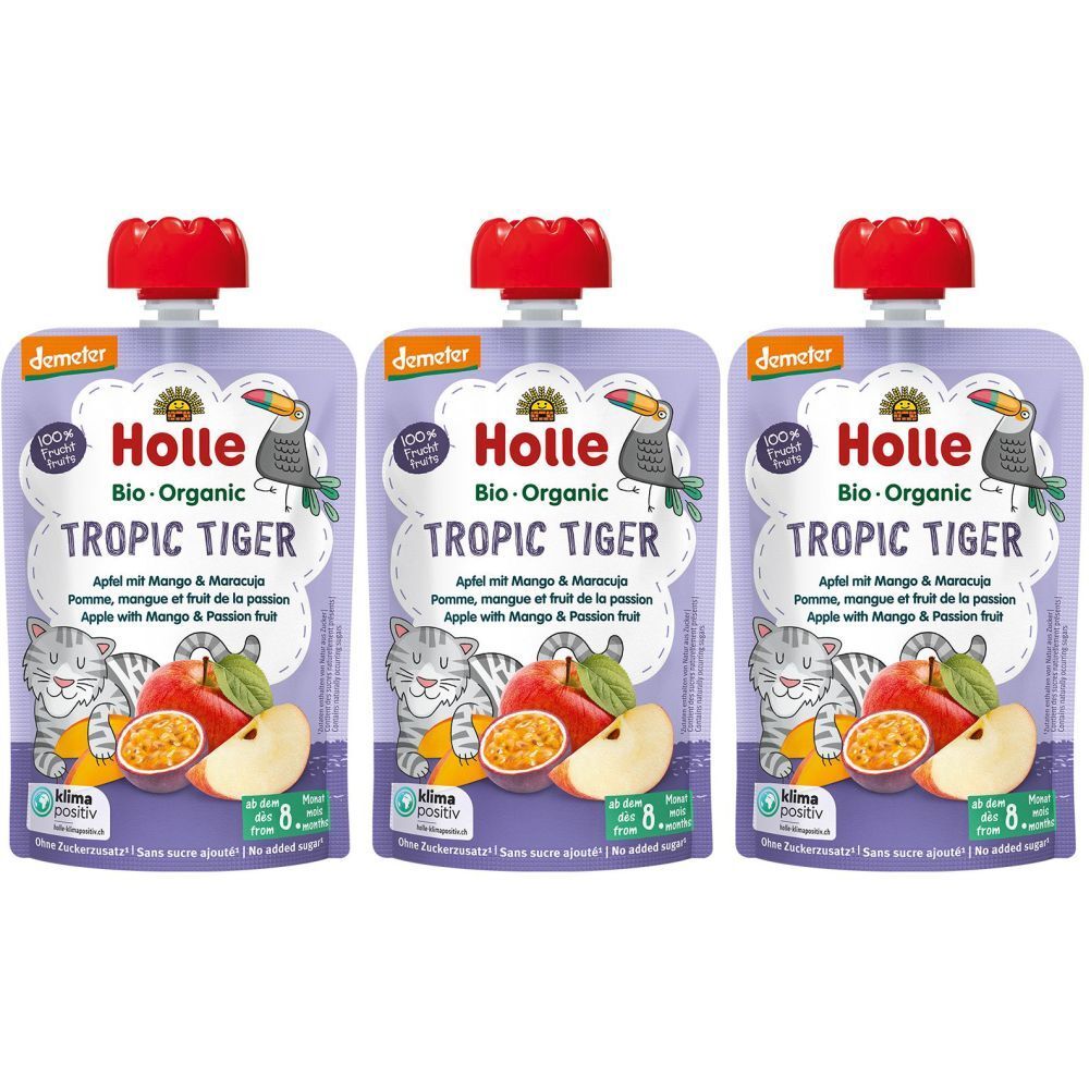Trois gourdes avec bouchon rouge. Inscription : Holle Bio-Organic Tropic Tiger Pomme, mangue et fruit de la passion.