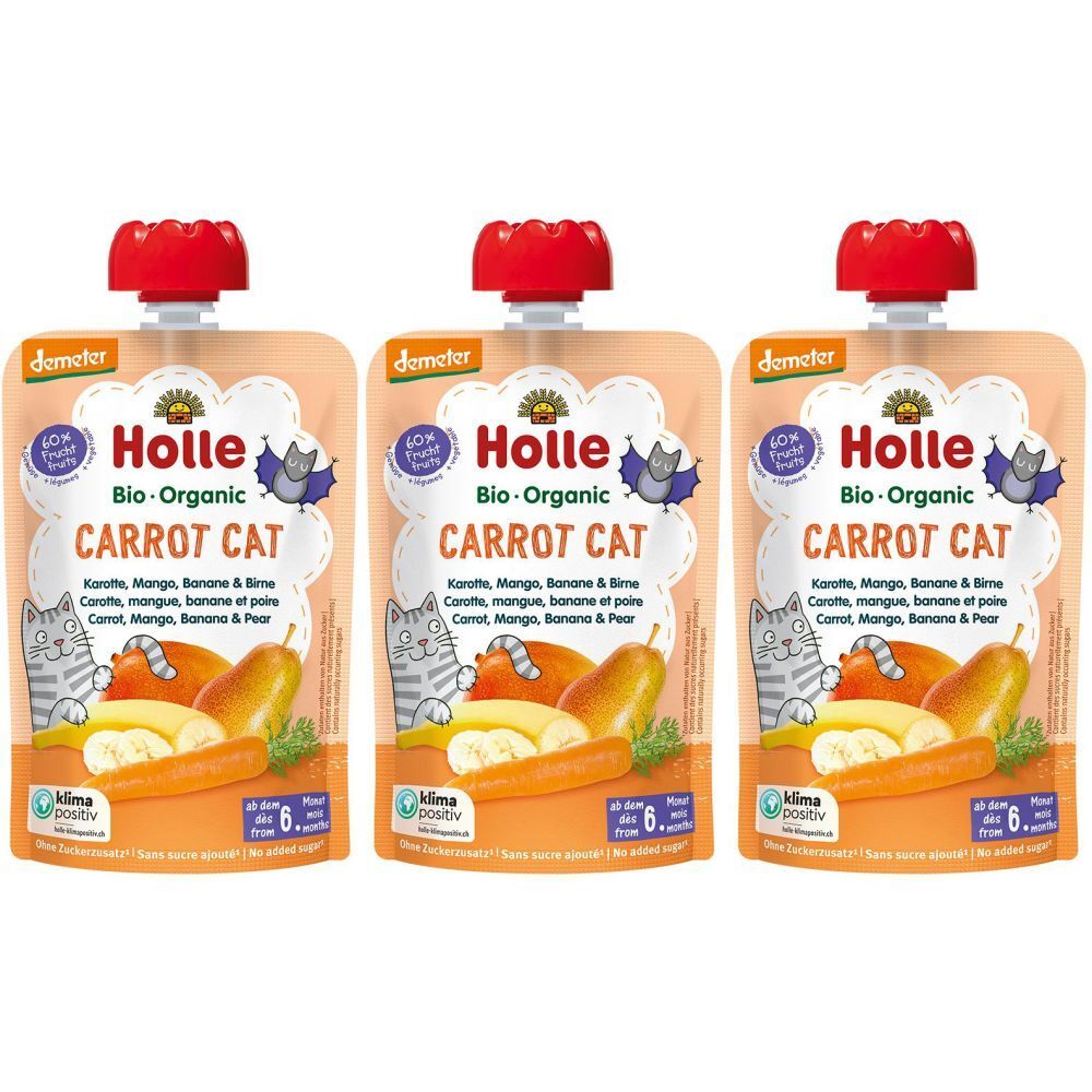 Trois sachets HOLLE Carrot Cat Bio-Organic. Inscription : Carotte, mangue, banane et poire. Avec bouchon rouge.