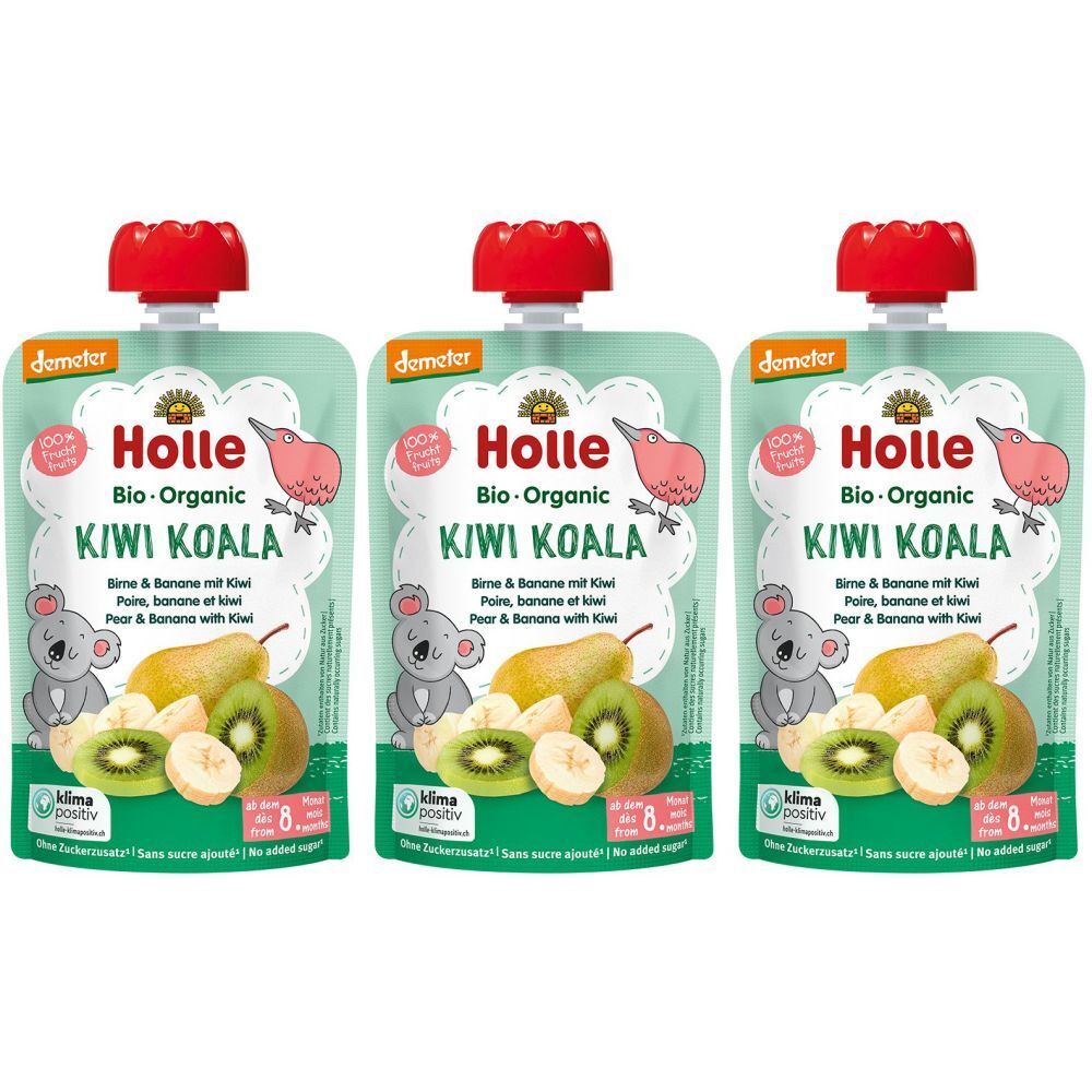 Trois sachets HOLLE Kiwi Koala. Inscription : Bio-Organic, Kiwi Koala, Poire & Banane avec Kiwi. Bouchon rouge, emballage vert.