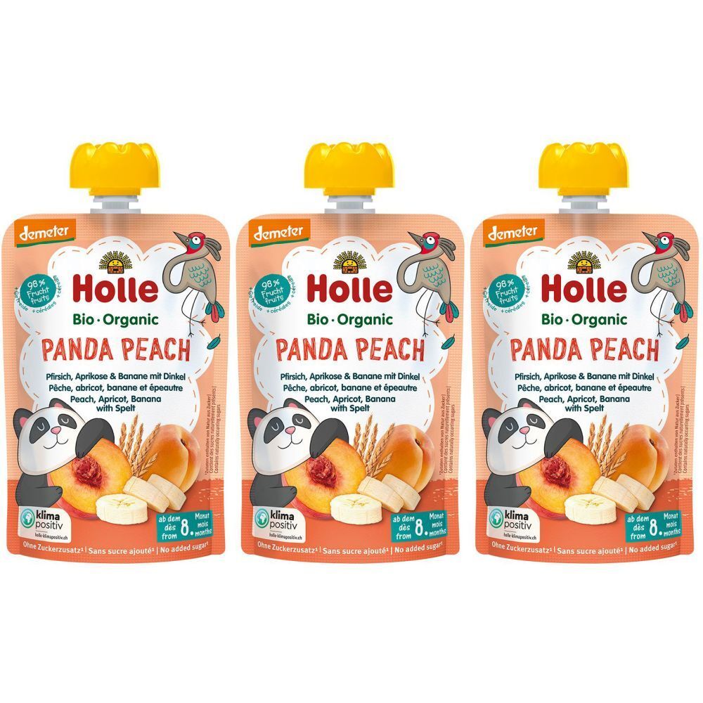 Trois sachets HOLLE Panda Peach. Impression: Panda, pêche, abricot, banane, épeautre. Fermeture jaune. Logo Demeter.