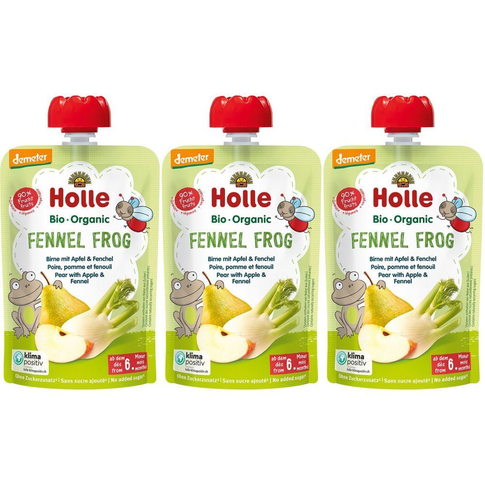 Trois gourdes avec bouchon rouge. Inscription: Holle Bio-Organic Fennel Frog. Dès 6 mois.