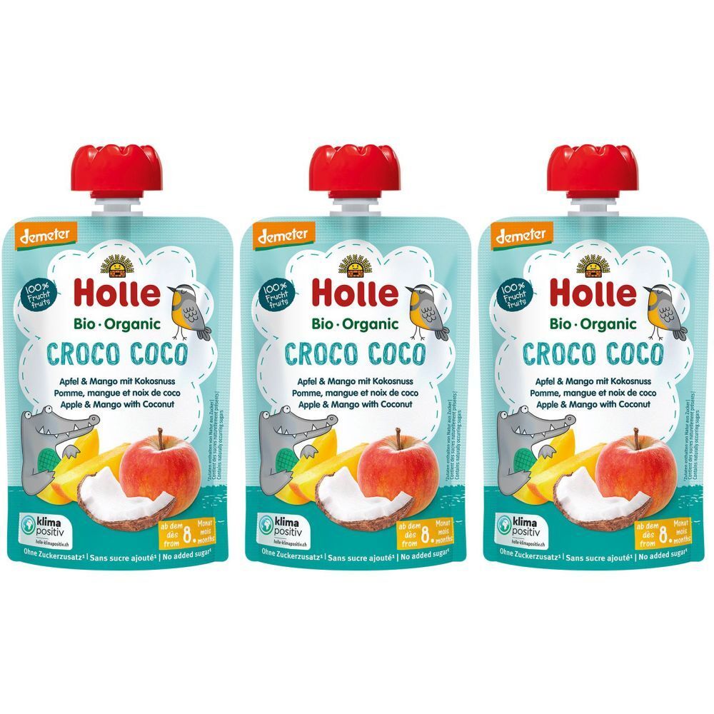 Trois gourdes avec bouchon rouge. Inscription: Holle Bio-Organic Croco Coco, pomme, mangue et noix de coco.