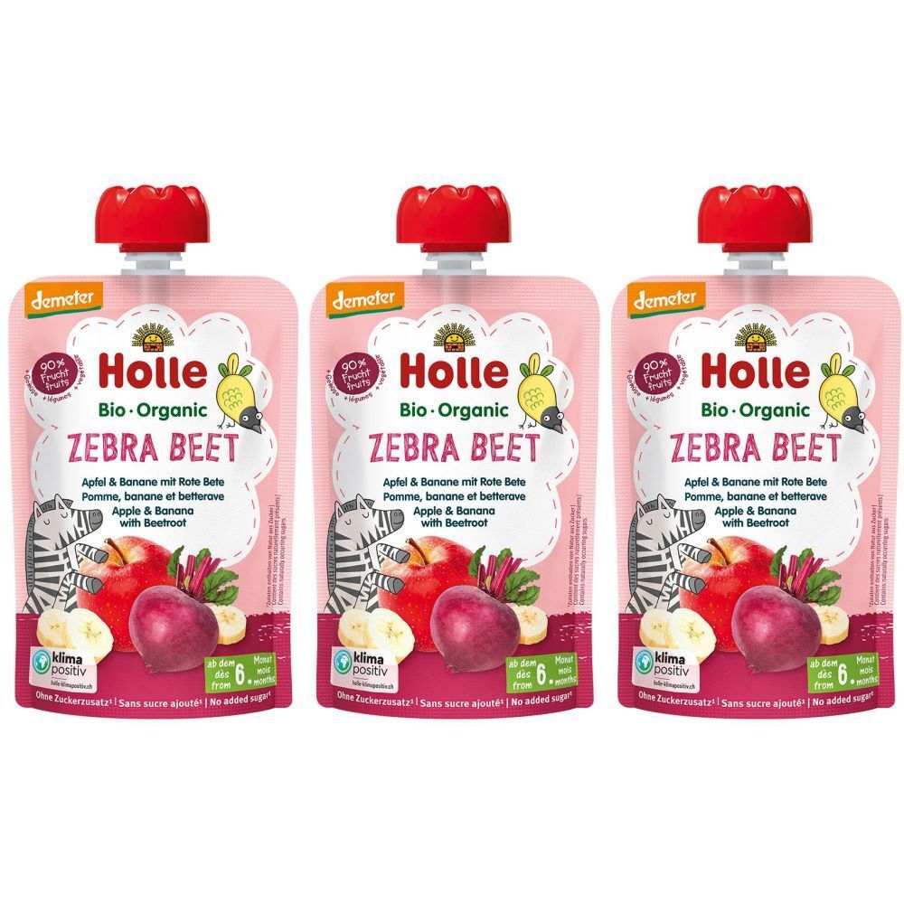 Trois gourdes Holle Bio-Organic Zebra Beet. Emballage rose avec illustrations de pomme, banane et betterave.