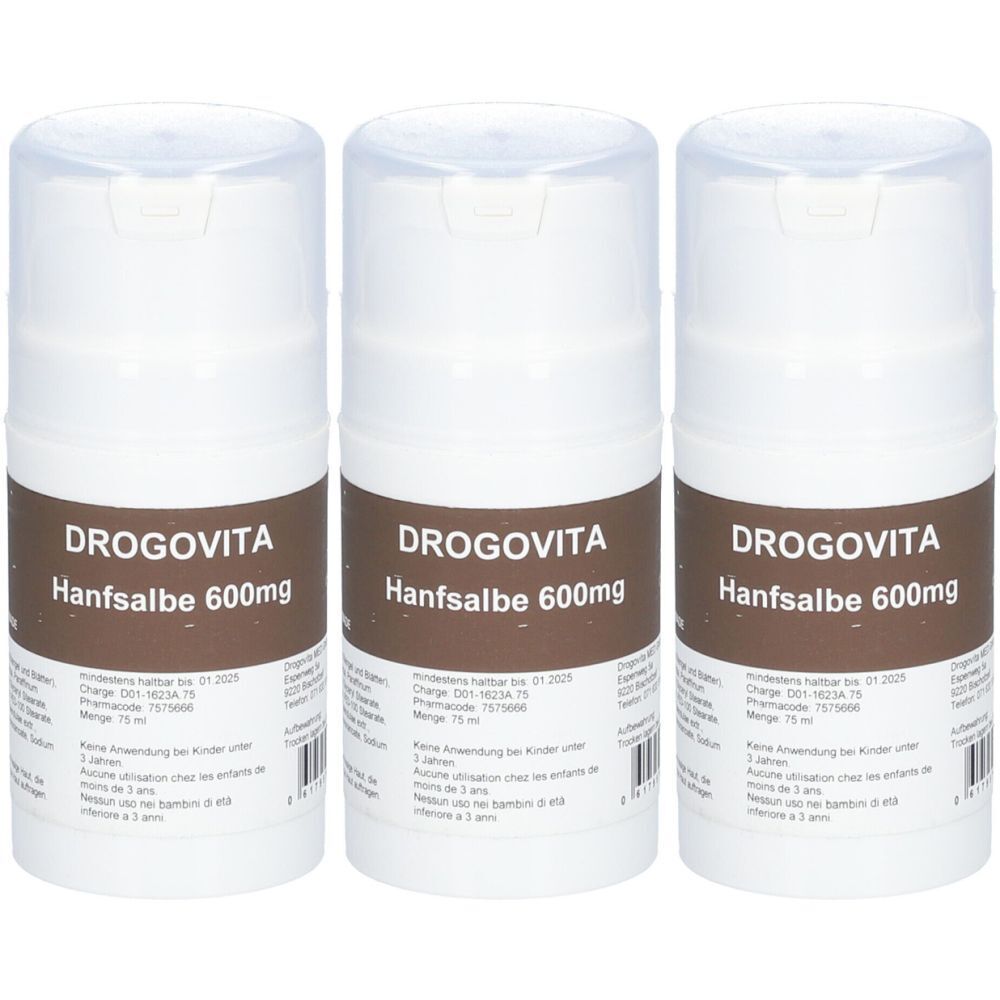 Trois pots blancs avec couvercles. Inscription : DROGOVITA Hanfsalbe 600mg. Fond marron avec texte.