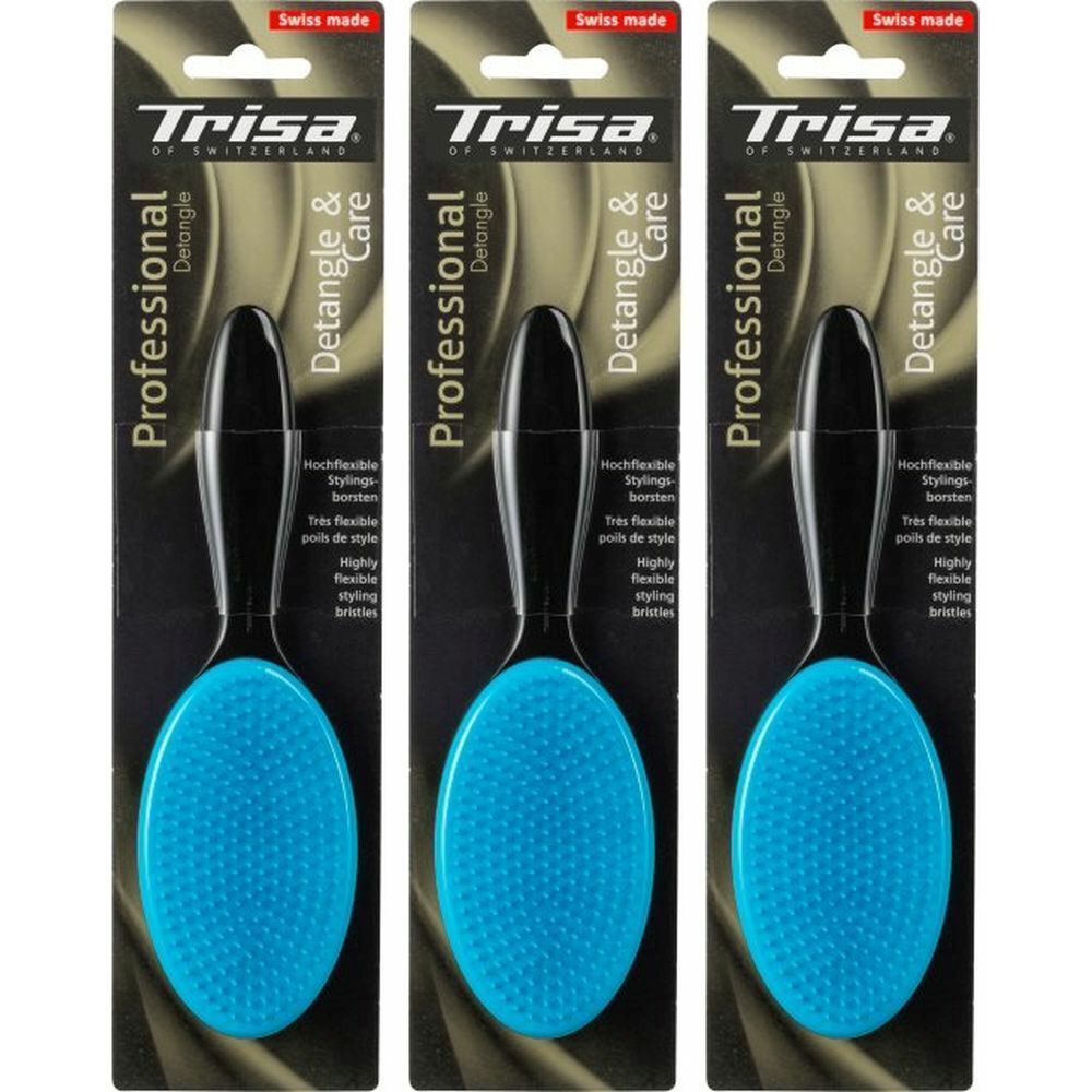 Trois brosses à cheveux emballées. Manche noir, tête de brosse bleue. Inscription : Trisa Professional Detangle & Care.
