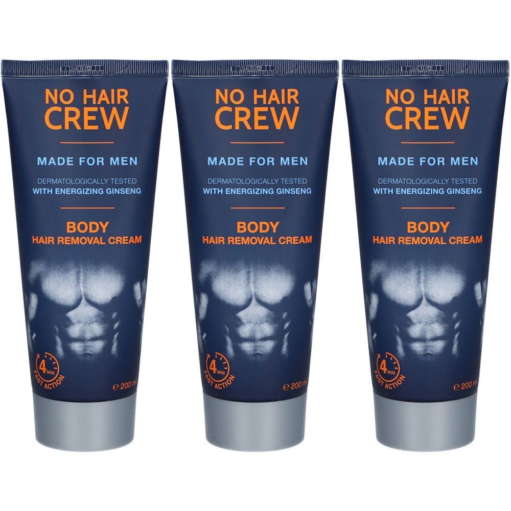 Trois tubes de crème dépilatoire pour le corps. Inscription: NO HAIR CREW, MADE FOR MEN, BODY HAIR REMOVAL CREAM.