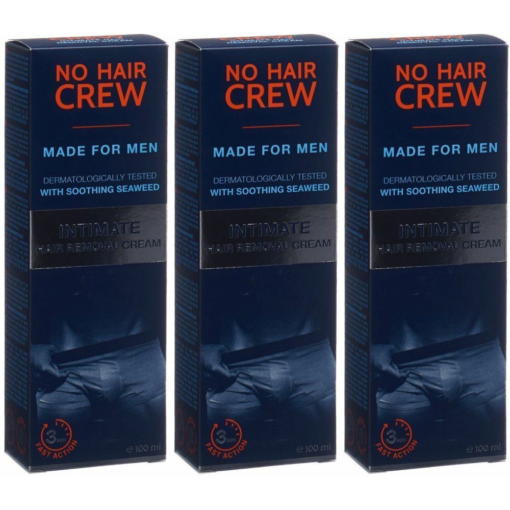 Trois boîtes bleues avec l'inscription "NO HAIR CREW", "MADE FOR MEN" et "INTIMATE Hair Removal Cream".