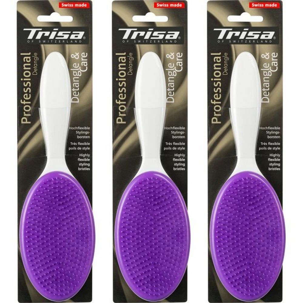 Trois brosses à cheveux avec manche blanc et tête ovale à poils violets. Emballage avec nom du produit et logo "Swiss made".