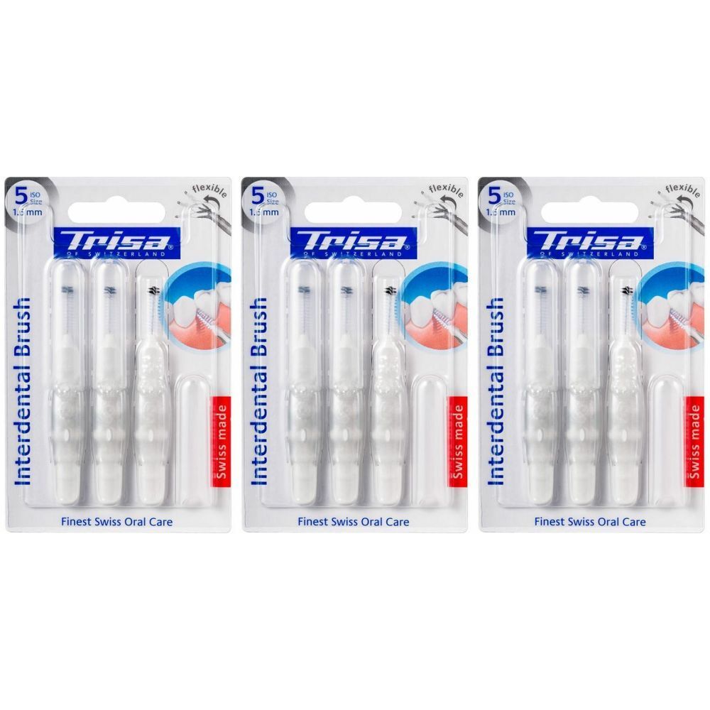 Trois paquets de brosses interdentaires. Chaque paquet contient des brosses, taille 5, 1,6 mm. Marque : Trisa. Inscription : Finest Swiss Oral Care.