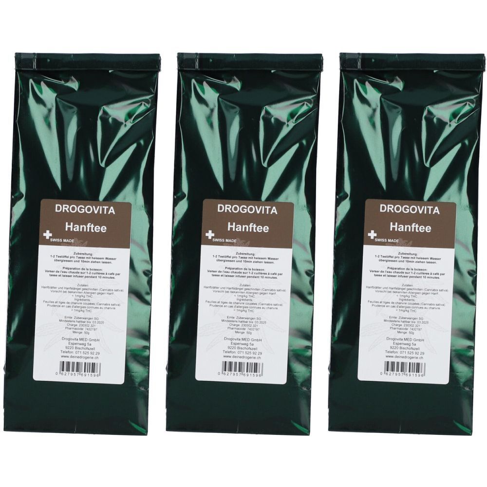 Trois sachets de thé au chanvre DRAGOVITA. Emballage vert foncé avec étiquette. Croix suisse. Texte : Hanftee, préparation, ingrédients, fabricant.