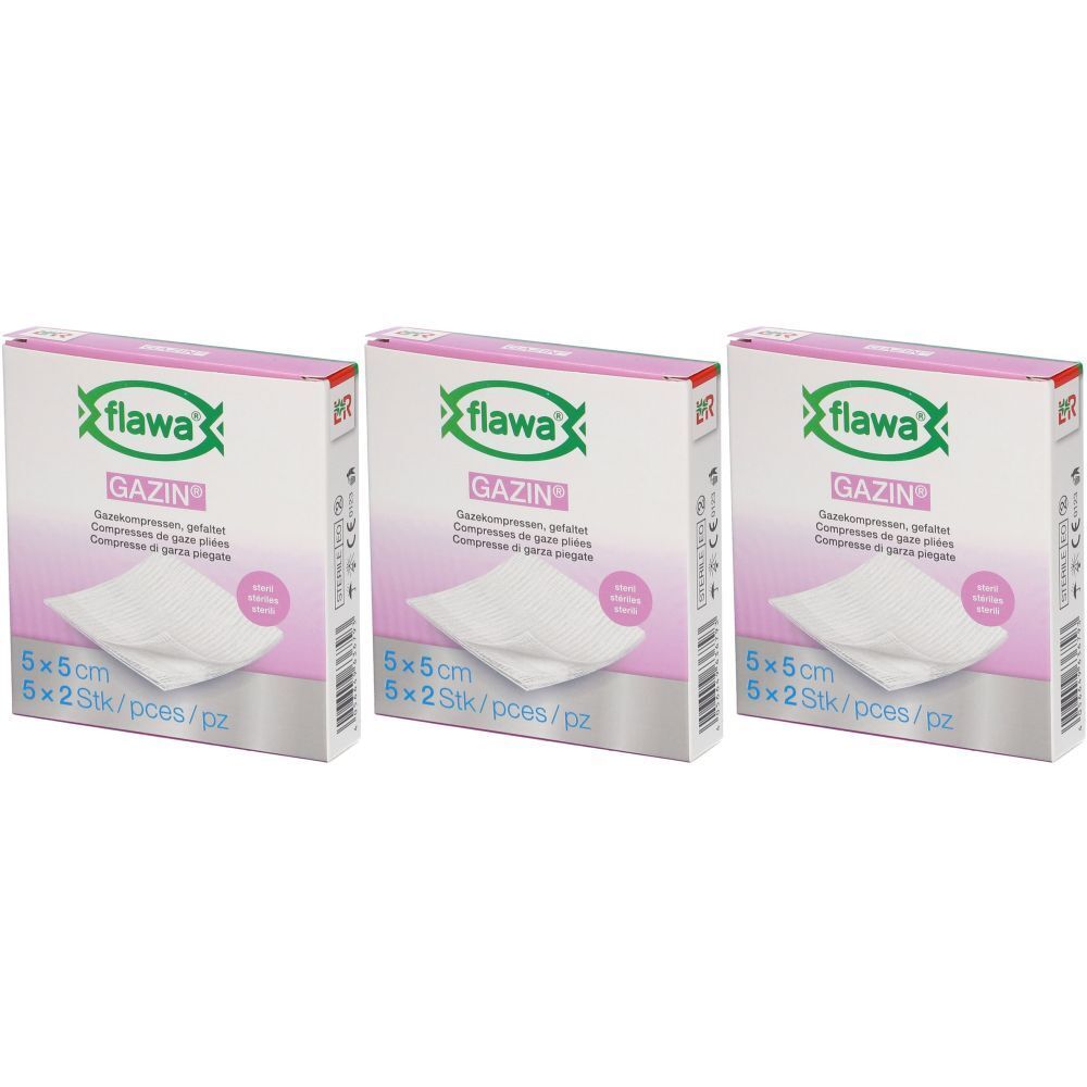 Trois boîtes de gaze "flawa GAZIN". Inscription : 5x5cm, 5x2 pièces. Design rose et blanc avec logo et nom du produit.