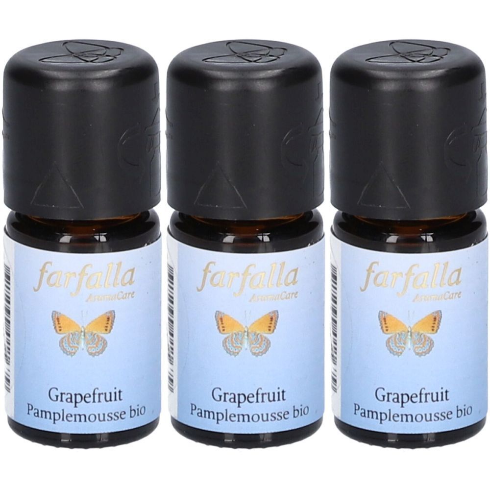 Trois petites bouteilles avec bouchons noirs. Les étiquettes indiquent "farfalla", "Grapefruit" et "Pamplemousse bio".