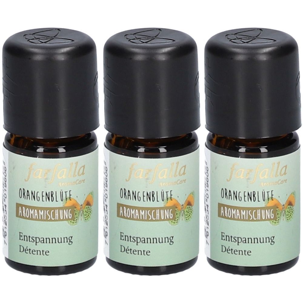 Trois petites bouteilles avec bouchons noirs. Étiquettes : "farfalla", "Orangenblüte", "Aromamischung" et "Entspannung".