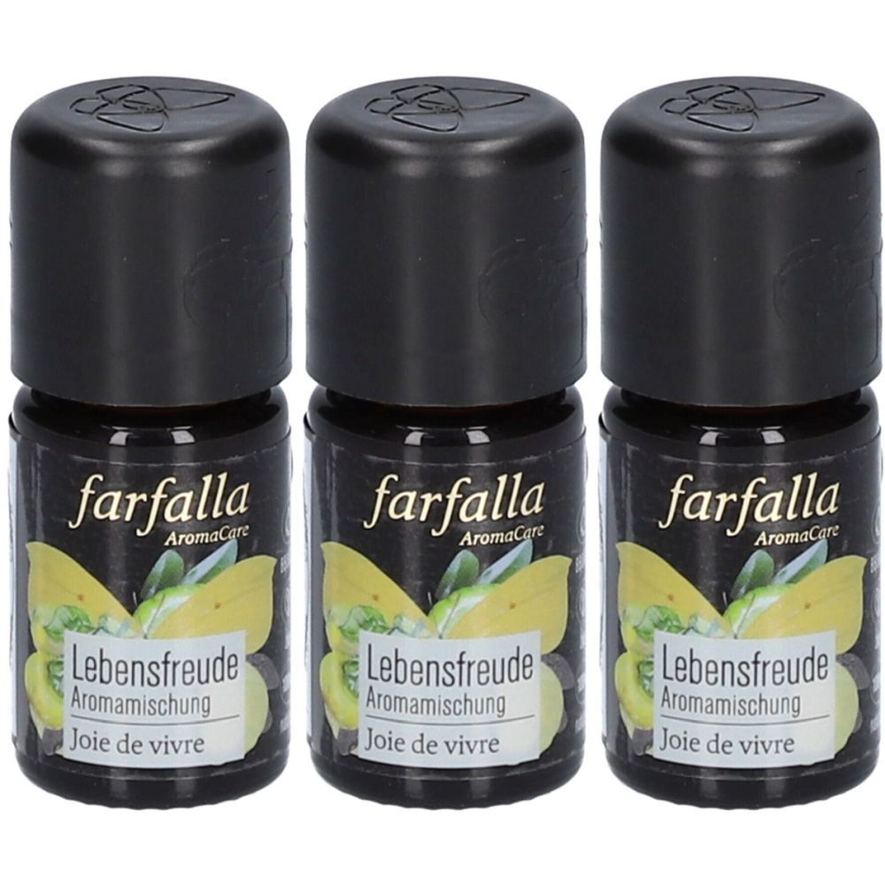Trois petites bouteilles noires. Étiquettes : "farfalla Lebensfreude Aromamischung Joie de vivre".