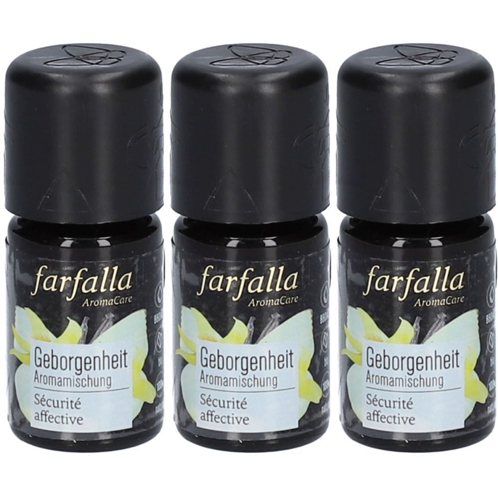 Trois petites bouteilles noires. Étiquettes : "farfalla Aromamischung Geborgenheit Sécurité affective".