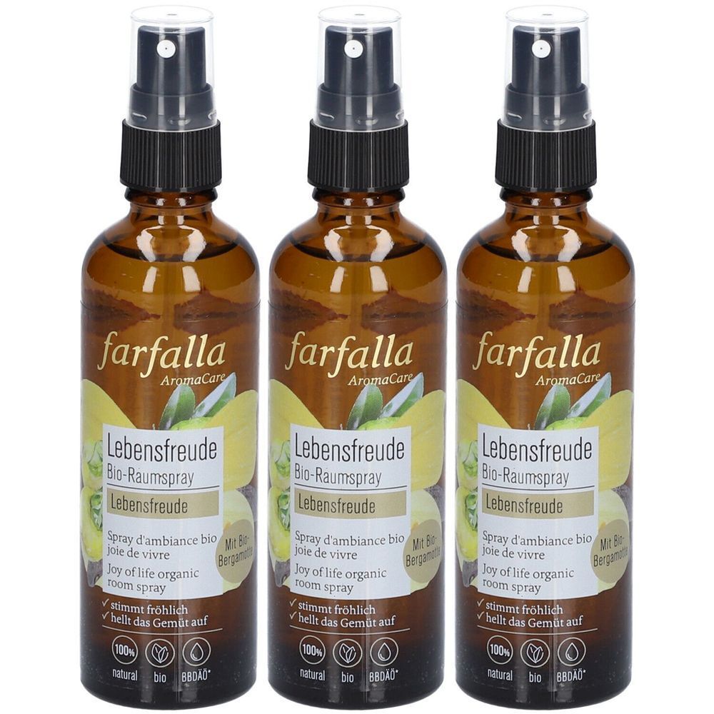 Trois flacons en verre brun avec vaporisateur. Inscription: farfalla AromaCare Lebensfreude Bio-Raumspray. Avec bergamote bio. 100% naturel.