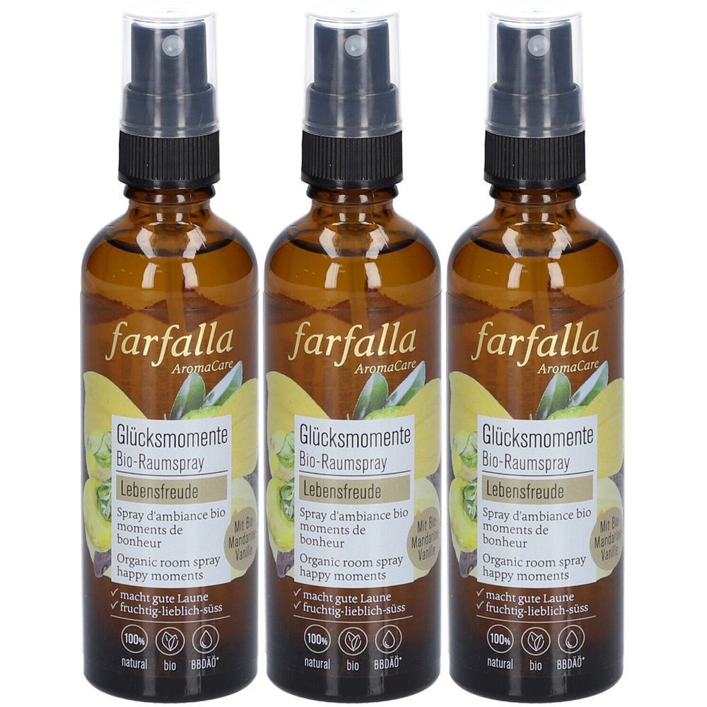 Trois flacons en verre brun avec vaporisateur. Inscription : farfalla AromaCare, Glücksmomente Bio-Raumspray Lebensfreude. Avec label bio.