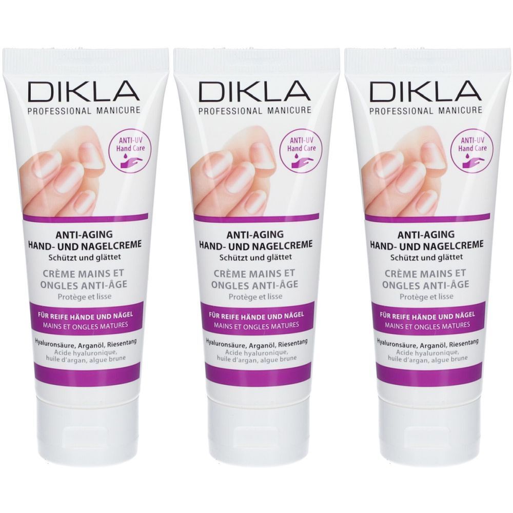 Trois tubes de crème DIKLA anti-âge pour les mains et les ongles. Tubes blancs avec accents violets et informations sur le produit. Mains et ongles illustrés.