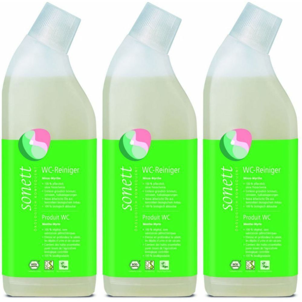 Trois flacons de nettoyant WC. Les flacons sont blancs avec des étiquettes vertes. Les étiquettes indiquent "sonett" et "WC-Reiniger".