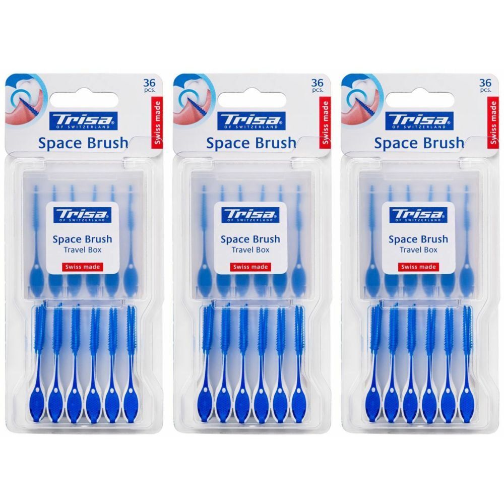 Trois paquets de brosses interdentaires Trisa Space Brush. Chaque paquet contient 36 brosses. Brosses bleues avec supports transparents.