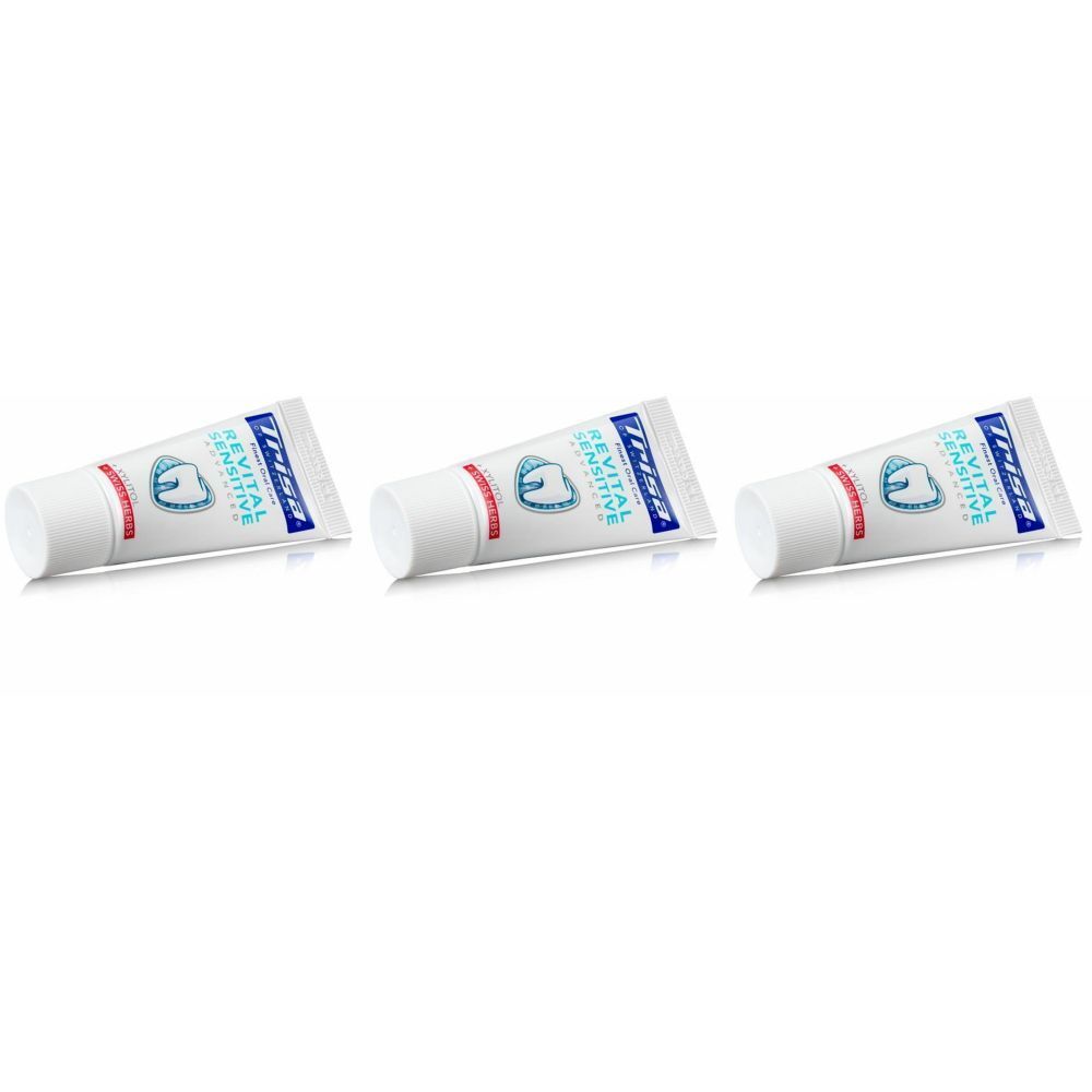 Trois tubes de dentifrice blancs, avec des bandes rouges et bleues. Inscription: TRISA Revital Sensitive.