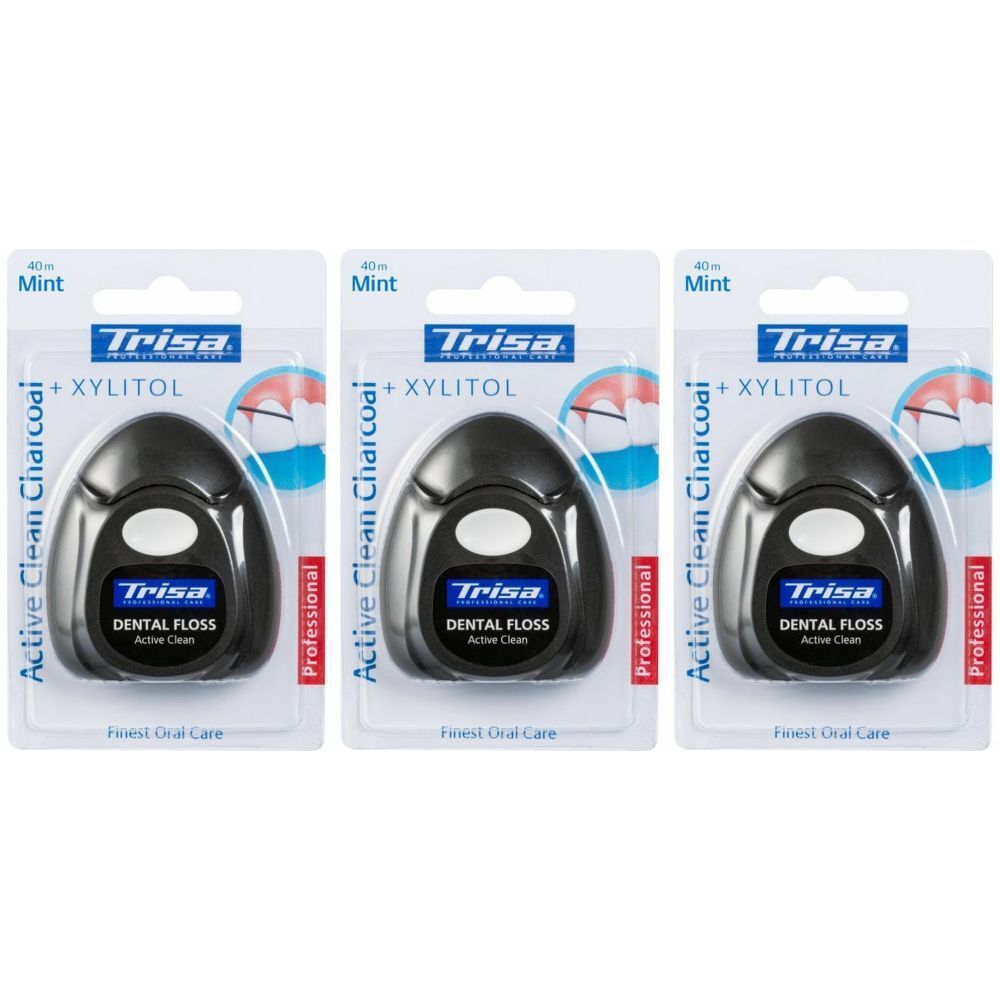Trois paquets de fil dentaire. Récipients noirs avec bouton blanc, sur carton blanc. Marque : Trisa, texte : Dental Floss.