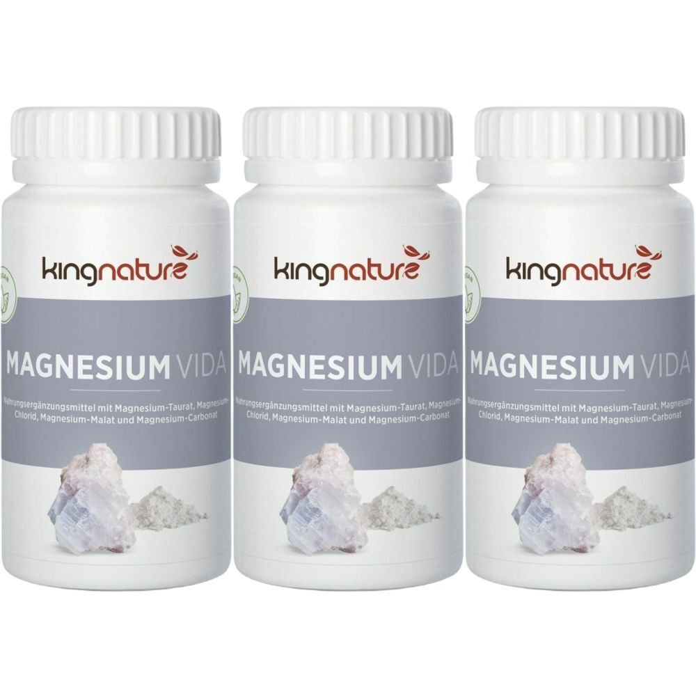 Trois flacons blancs avec bouchons à vis. Inscription : kingnature, Magnesium Vida. En dessous, image de minéraux.